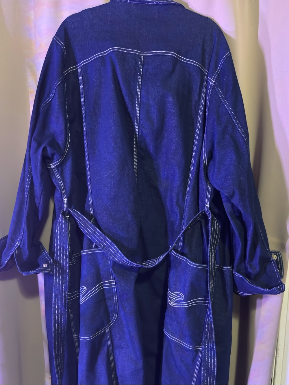 Telfar Indigo Denim Trench Coat with Contrast Stitching